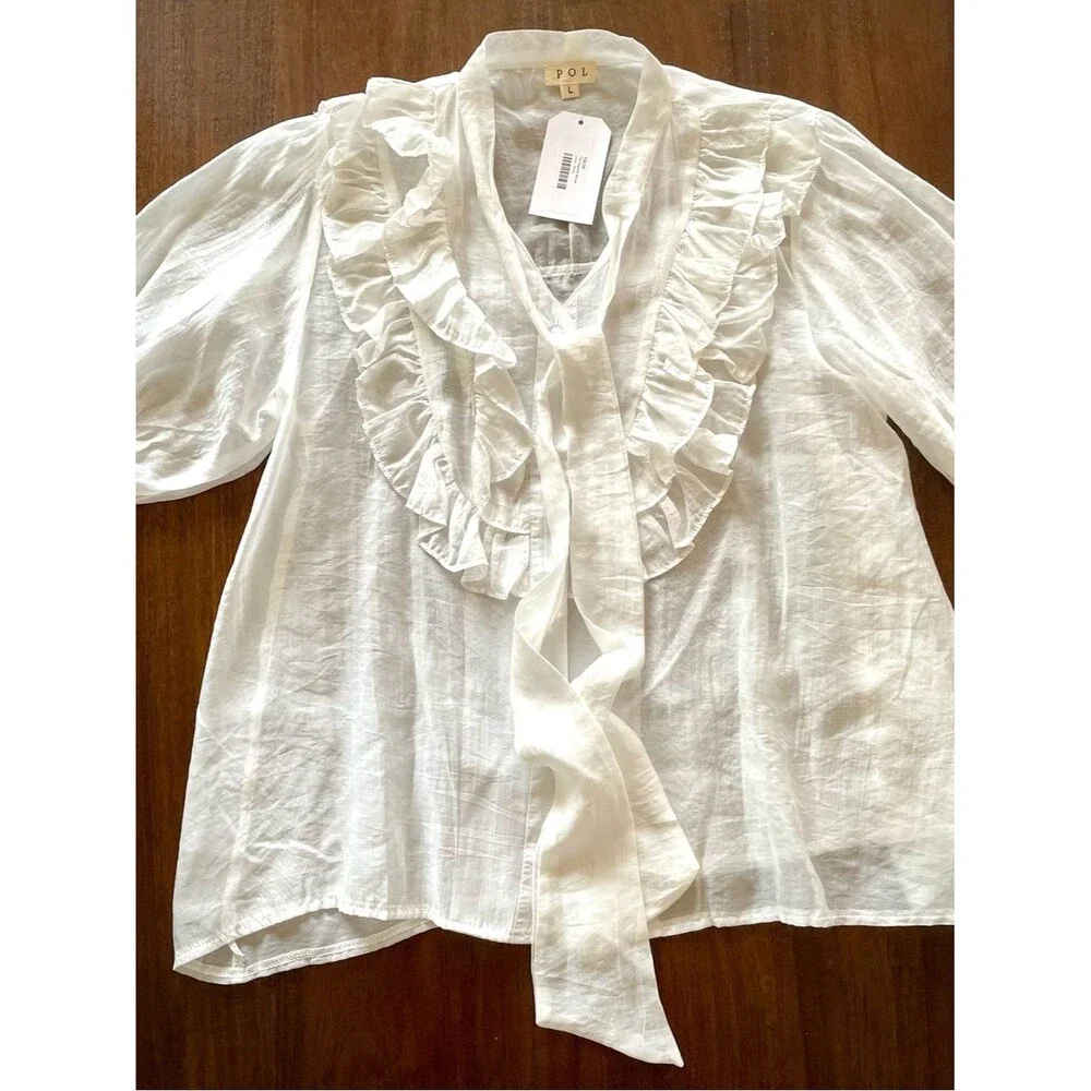 NWT – POL Angelica White Ruffle Tie-Neck Blouse – Size Large - Picture 1 of 1